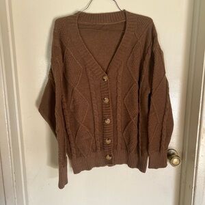 Cozy Brown Cable Knit V-Neck Button Cardigan Sweater